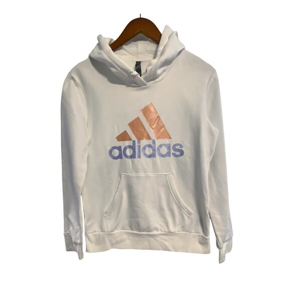 Adidas Women's White with Peach and Lilac Logo Pullover Hoodie Size Medium - Picture 1 of 9